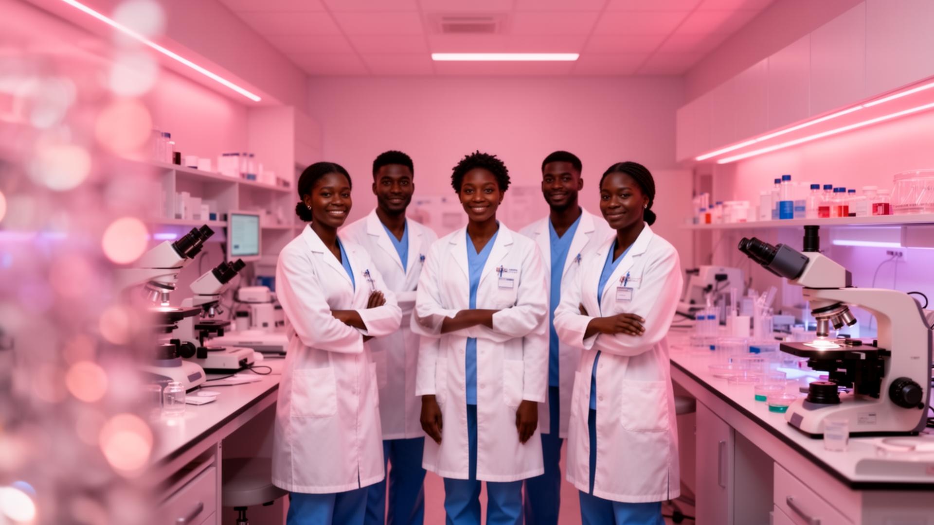 Team of African IVF doctors and embryologists in a modern fertility lab